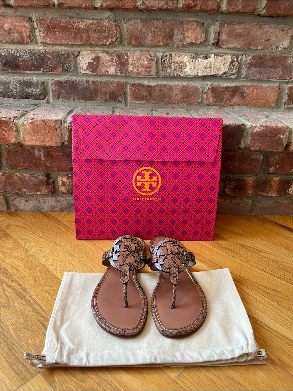 Tory Burch Brown Black Desert Roccia Stamped Snake Printed Leather Miller Sandal